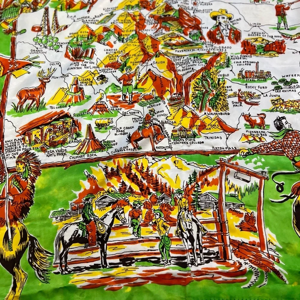 Vintage Colorful Colorado Centennial Souvenir Silk Scarf Picture Map Green